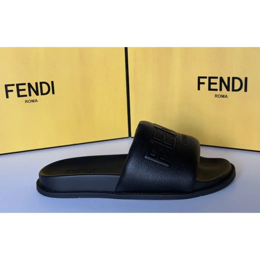 Fendi Men's Roma Leather Slide Sandals Black 9 US/8 UK IT 7X1649 NIB $750
